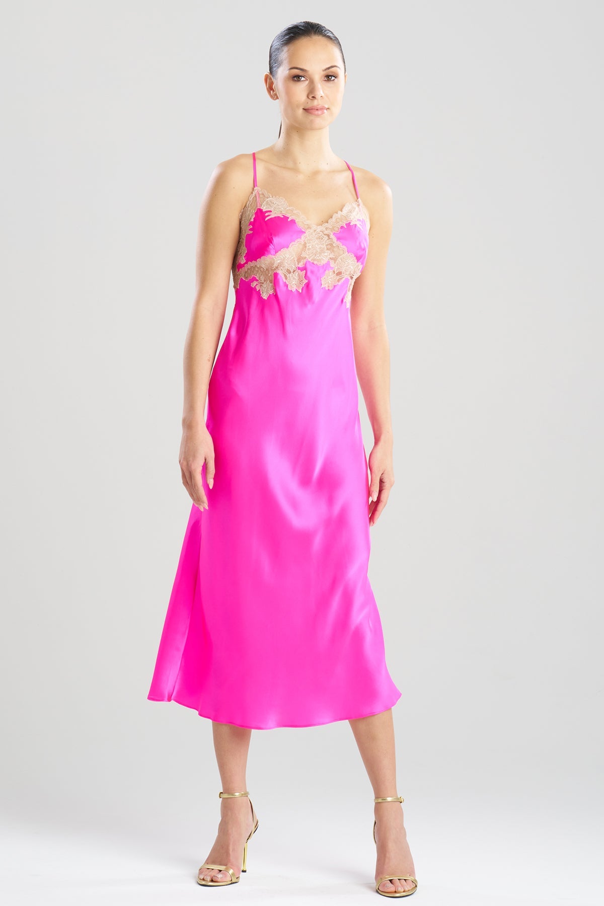 Natori Lolita Lace Low Back Silk Slip Dress