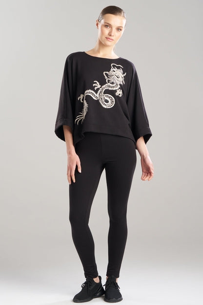Natori Cocoon Brushed French Terry Dragon Embroidered Kimono Top