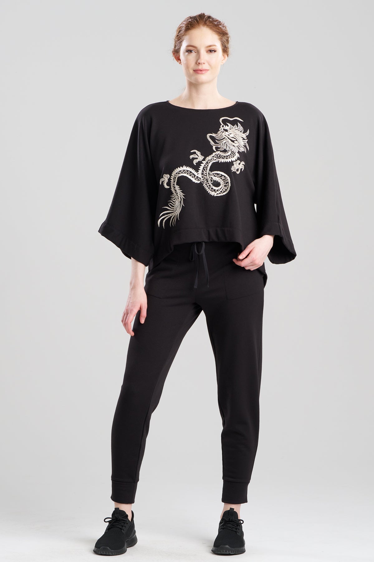 Natori Cocoon Brushed French Terry Dragon Embroidered Kimono Top