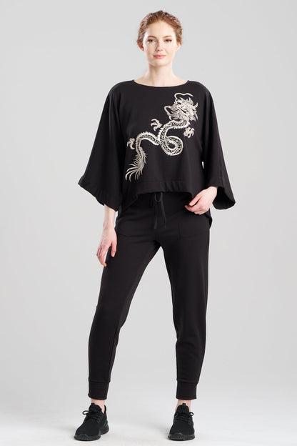 Natori Cocoon Brushed French Terry Dragon Embroidered Kimono Top