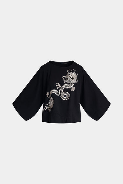 Natori Cocoon Brushed French Terry Dragon Embroidered Kimono Top