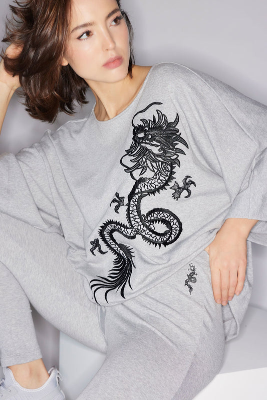 Natori Cocoon Brushed French Terry Dragon Embroidered Kimono Top