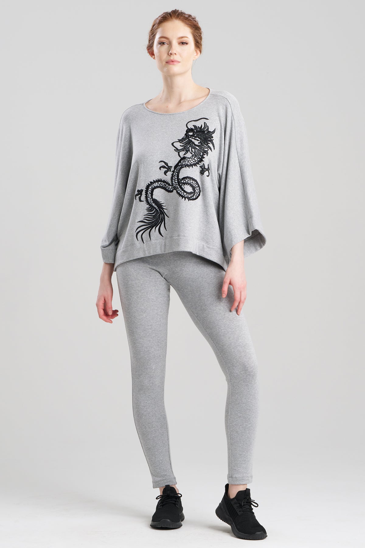 Natori Cocoon Brushed French Terry Dragon Embroidered Kimono Top