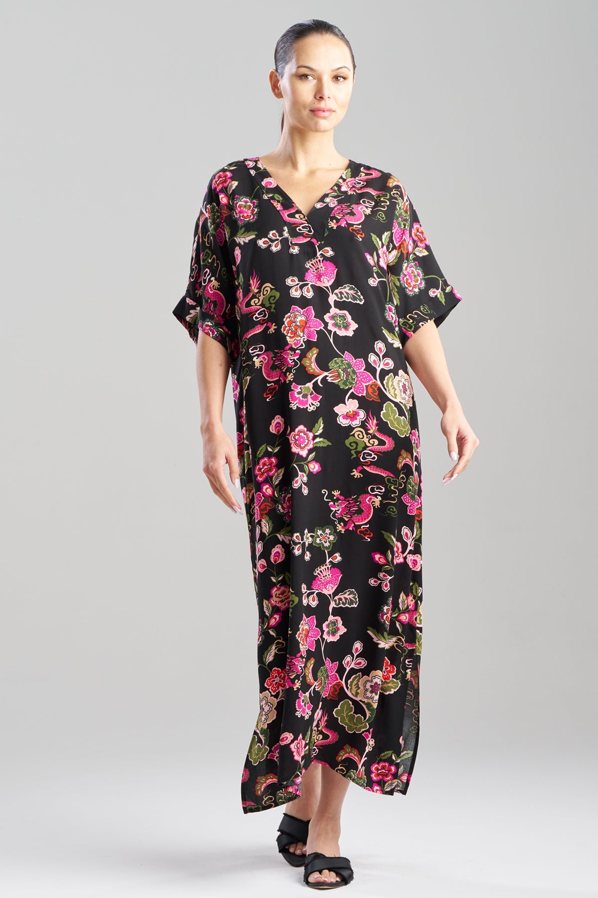 Natori Fleur Dragon Printed Challis Dolman Caftan