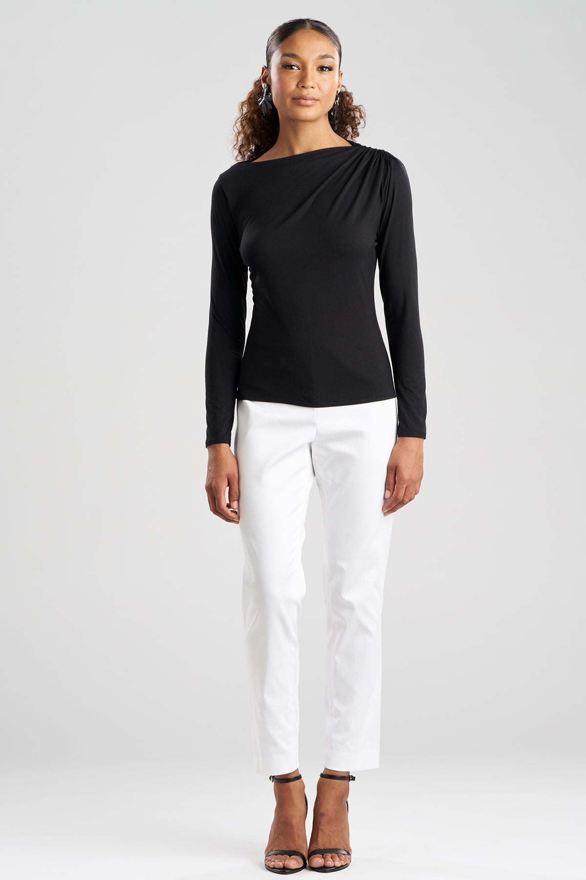 Natori Feather Lightweight Knit Rouched Long Sleeve Top