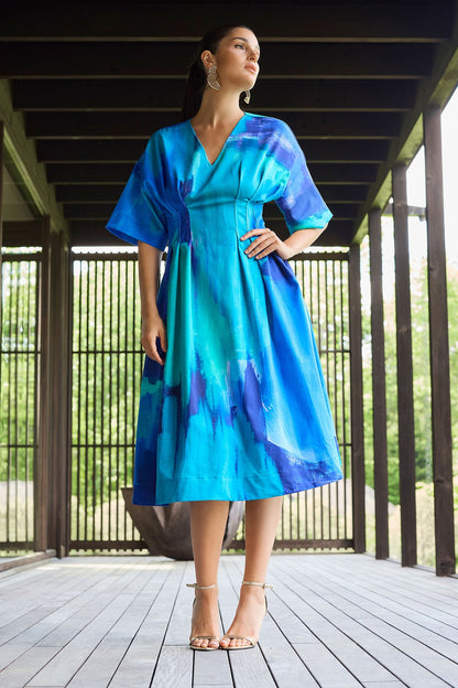 Natori Brushstroke Cotton Chino V-Neck Pleat Release Dress