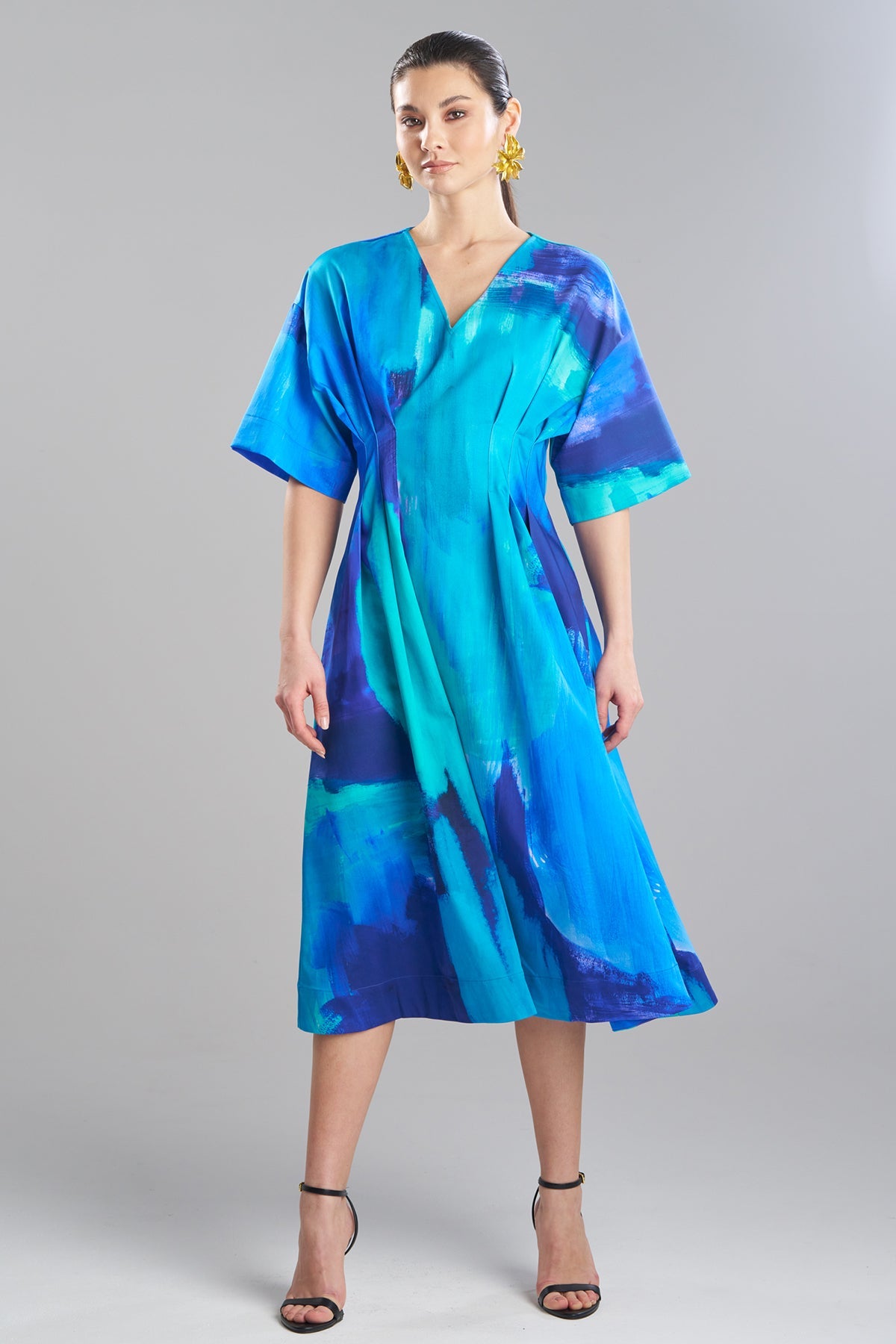 Natori Brushstroke Cotton Chino V-Neck Pleat Release Dress