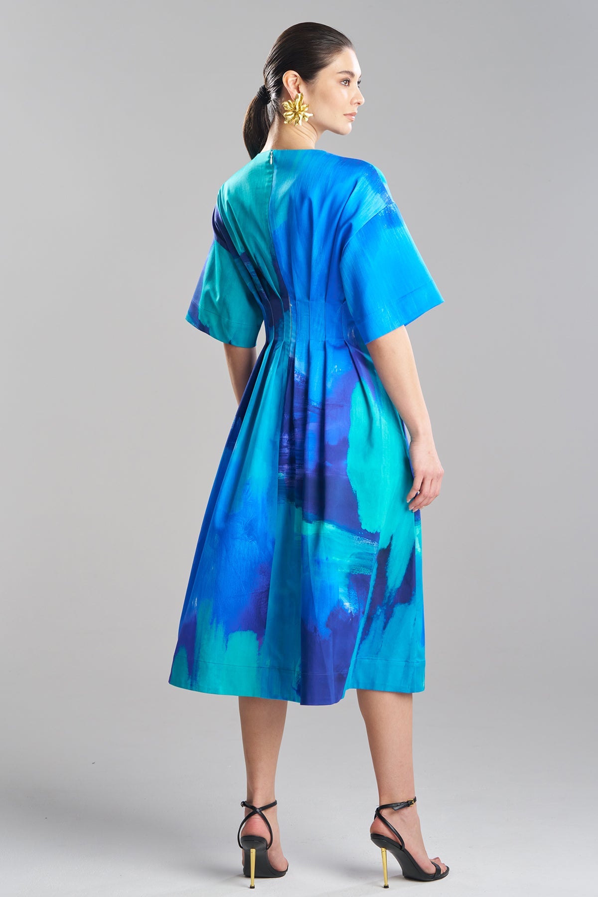 Natori Brushstroke Cotton Chino V-Neck Pleat Release Dress