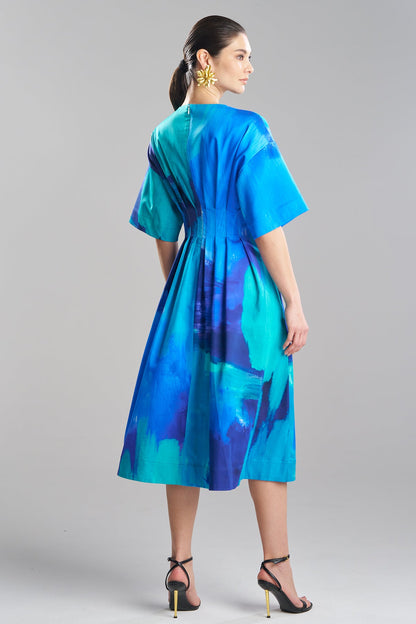 Natori Brushstroke Cotton Chino V-Neck Pleat Release Dress