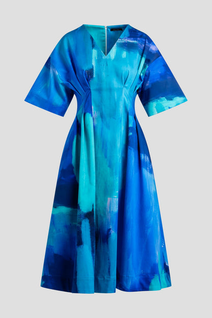 Natori Brushstroke Cotton Chino V-Neck Pleat Release Dress