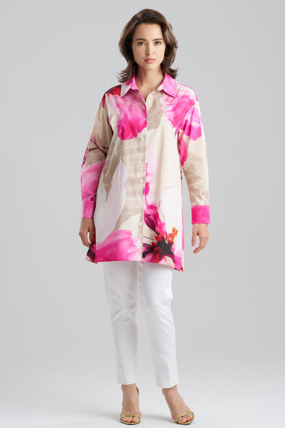 Natori Orchid Cotton Poplin Oversized Button Down Shirt