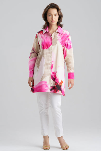 Natori Orchid Cotton Poplin Oversized Button Down Shirt