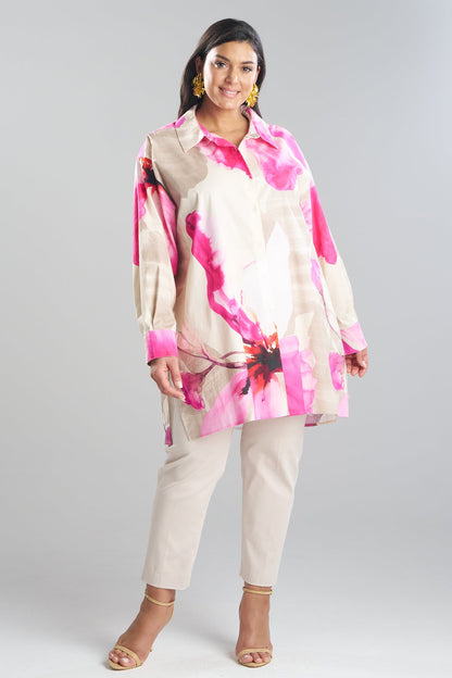 Natori Orchid Cotton Poplin Oversized Button Down Shirt