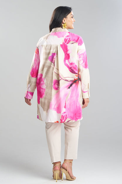 Natori Orchid Cotton Poplin Oversized Button Down Shirt
