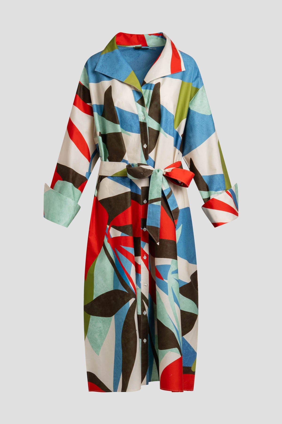 Natori Abstract Palm Cotton Poplin Oversized Button Down Shirtdress