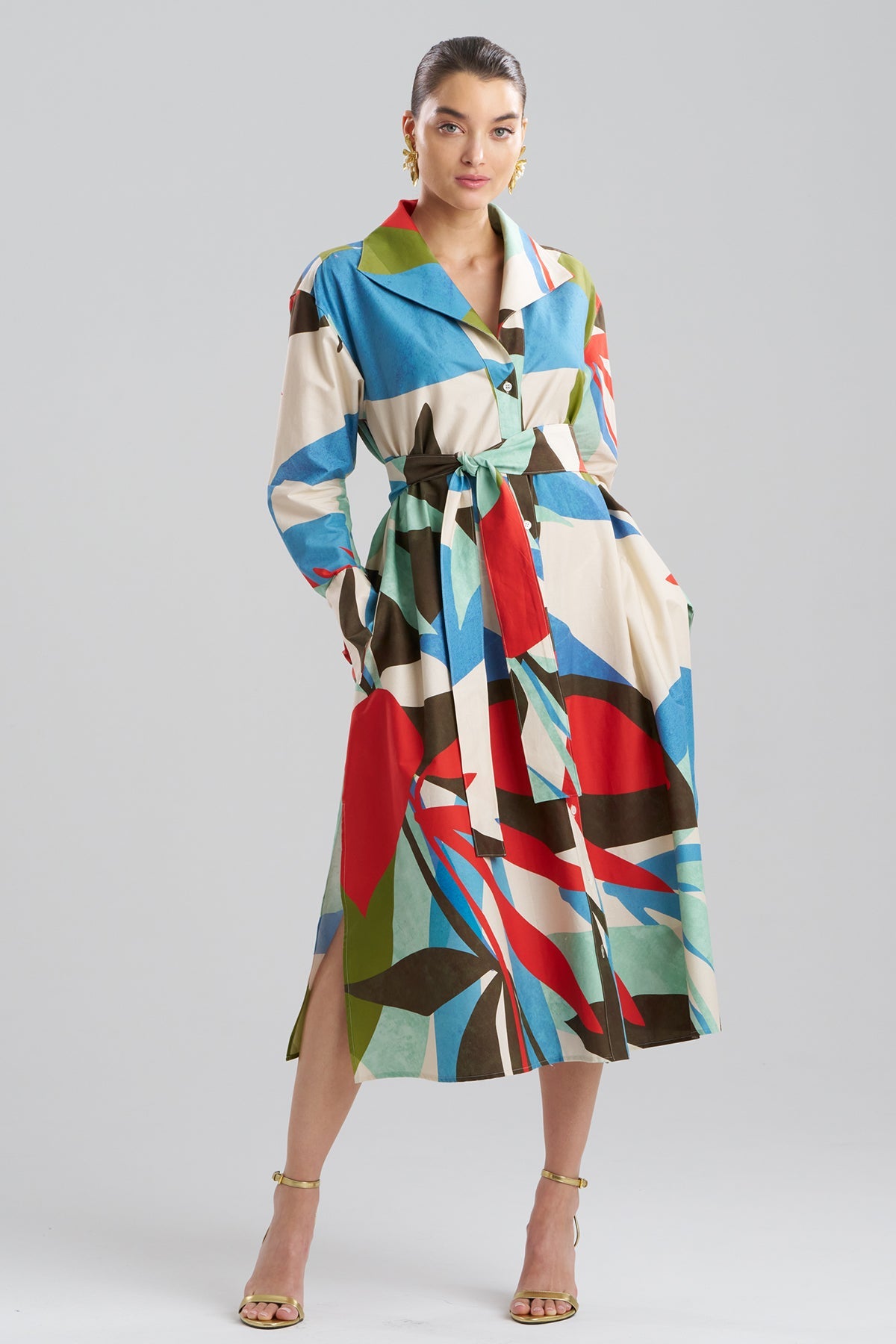 Natori Abstract Palm Cotton Poplin Oversized Button Down Shirtdress