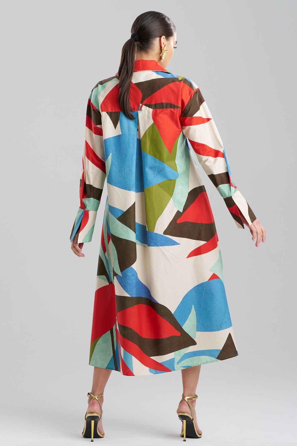 Natori Abstract Palm Cotton Poplin Oversized Button Down Shirtdress