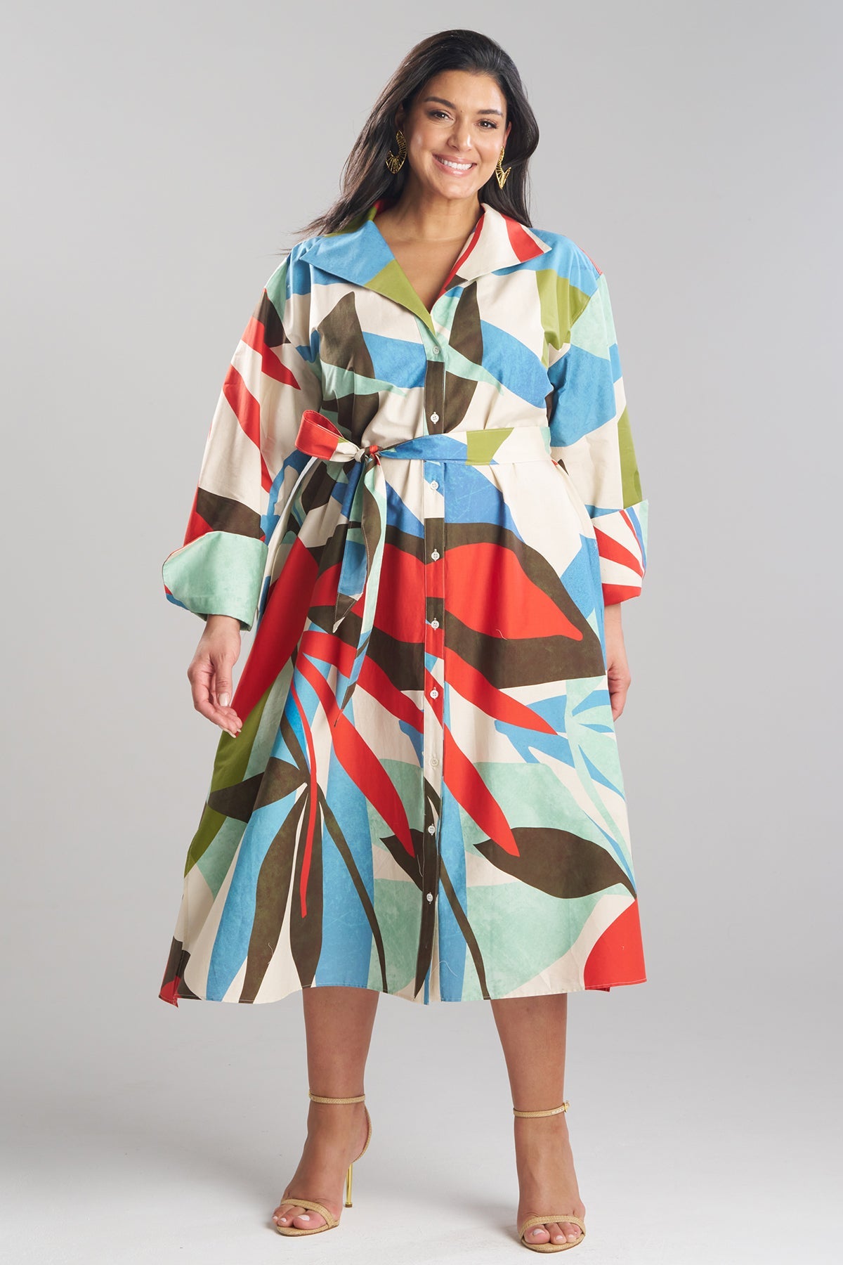 Natori Abstract Palm Cotton Poplin Oversized Button Down Shirtdress