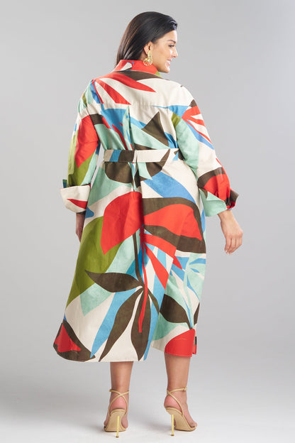 Natori Abstract Palm Cotton Poplin Oversized Button Down Shirtdress
