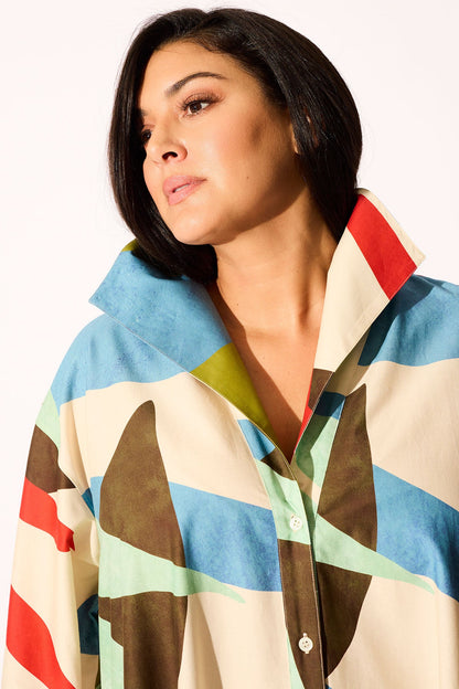 Natori Abstract Palm Cotton Poplin Oversized Button Down Shirtdress
