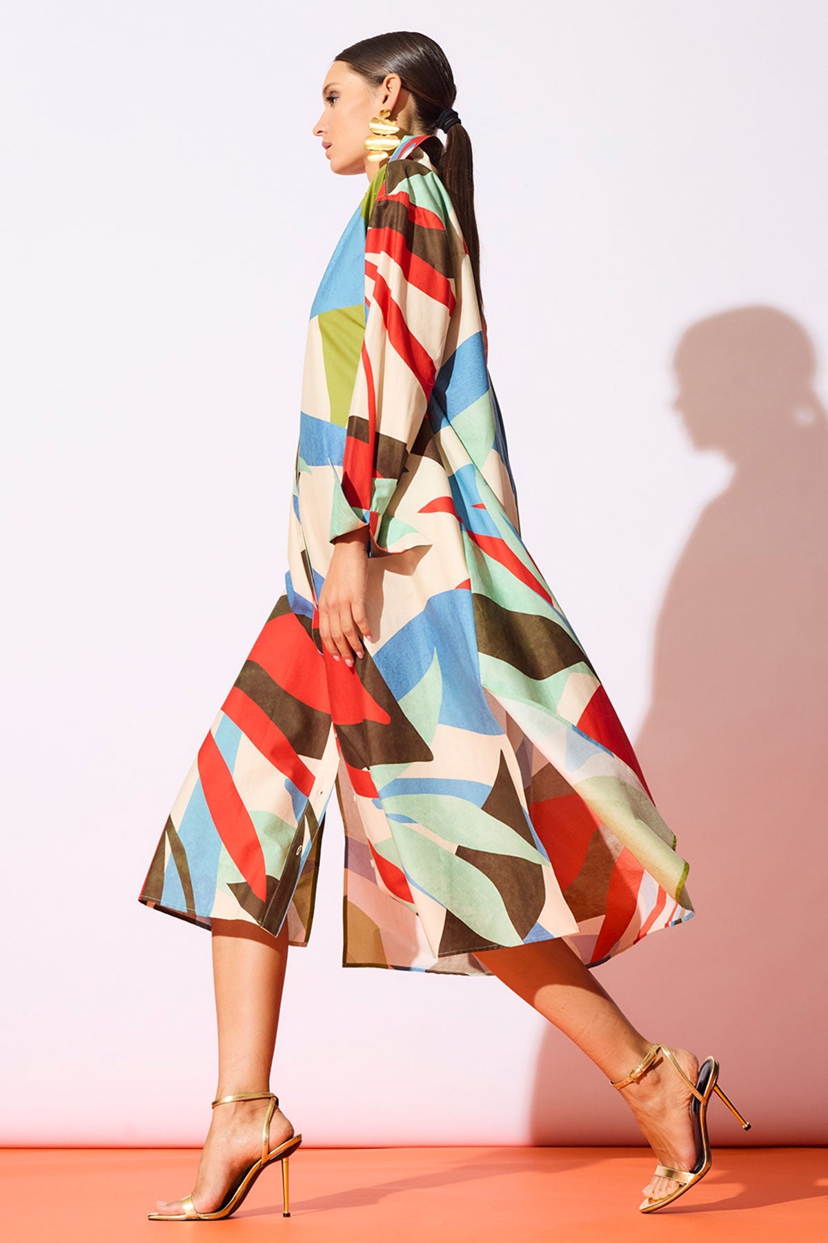 Natori Abstract Palm Cotton Poplin Oversized Button Down Shirtdress