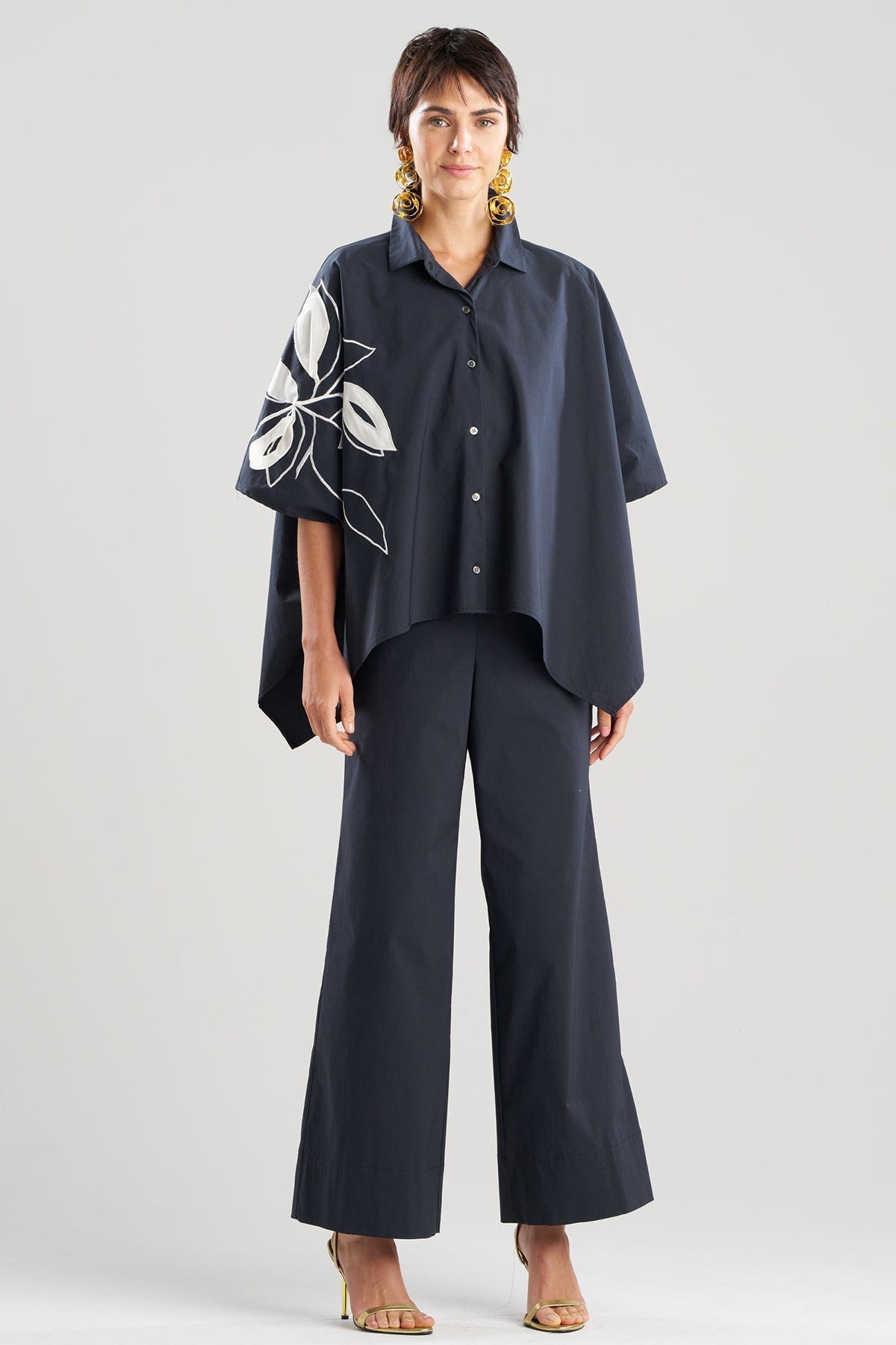 Natori Tech Cotton Taffeta Embroidered Button Down Caftan Shirt