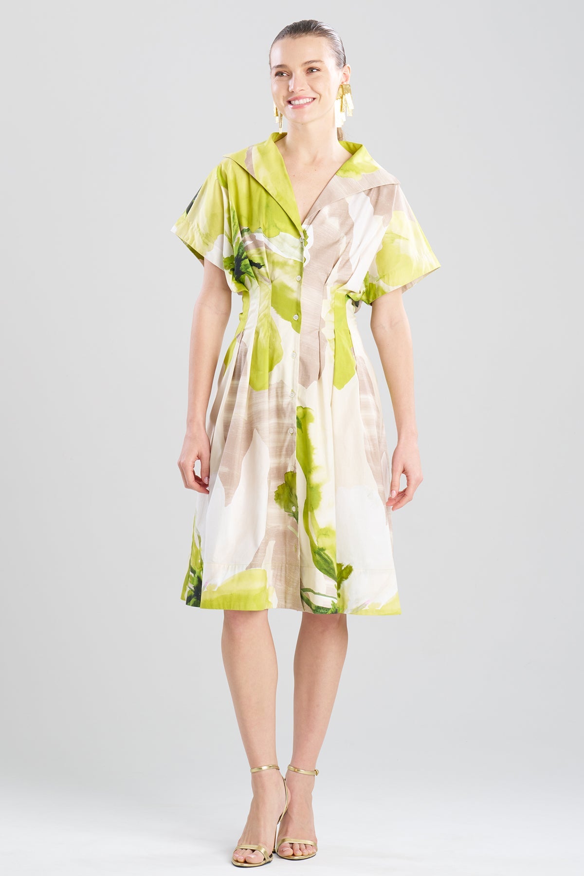 Natori Orchid Cotton Poplin Pleat Release Button Down Shirtdress