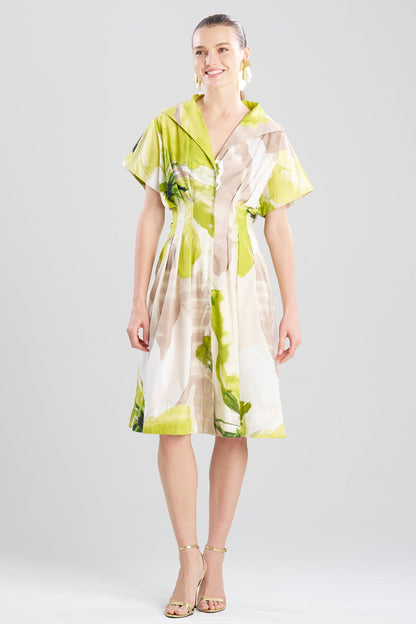 Natori Orchid Cotton Poplin Pleat Release Button Down Shirtdress
