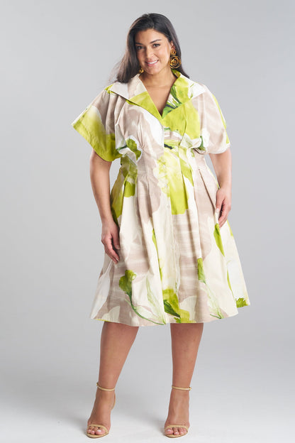 Natori Orchid Cotton Poplin Pleat Release Button Down Shirtdress