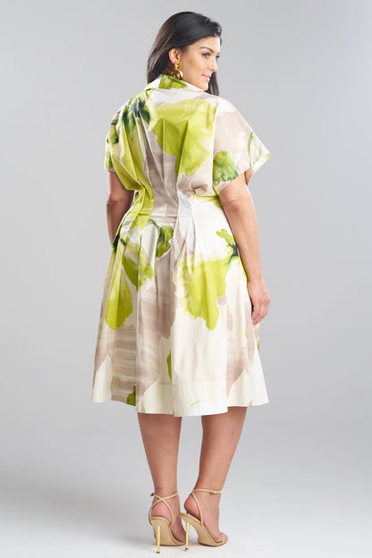 Natori Orchid Cotton Poplin Pleat Release Button Down Shirtdress