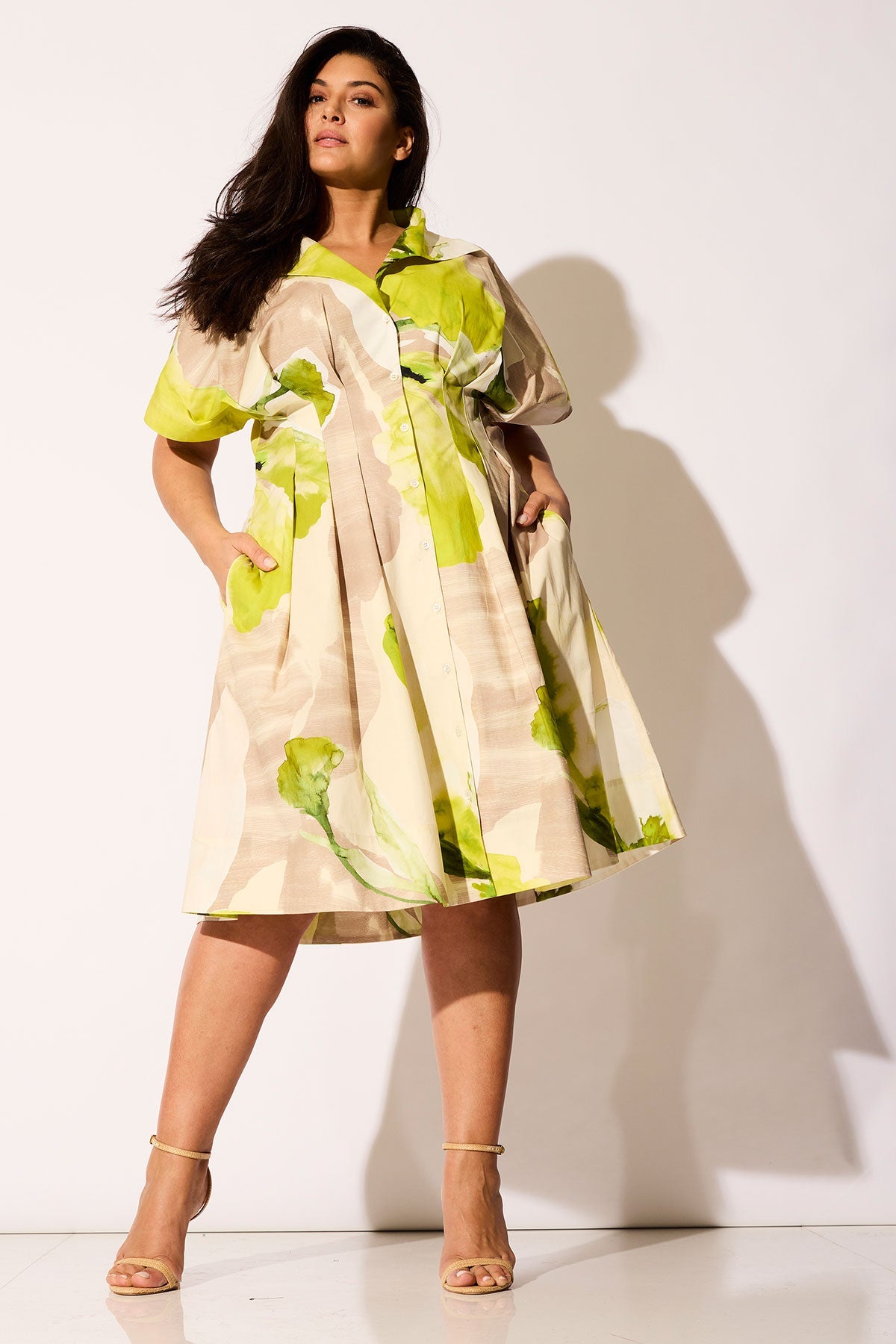 Natori Orchid Cotton Poplin Pleat Release Button Down Shirtdress