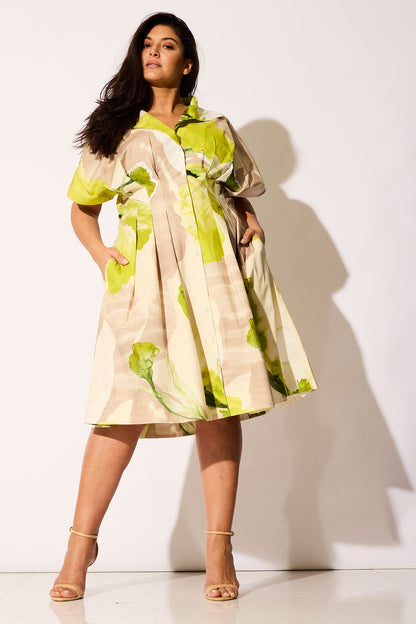 Natori Orchid Cotton Poplin Pleat Release Button Down Shirtdress