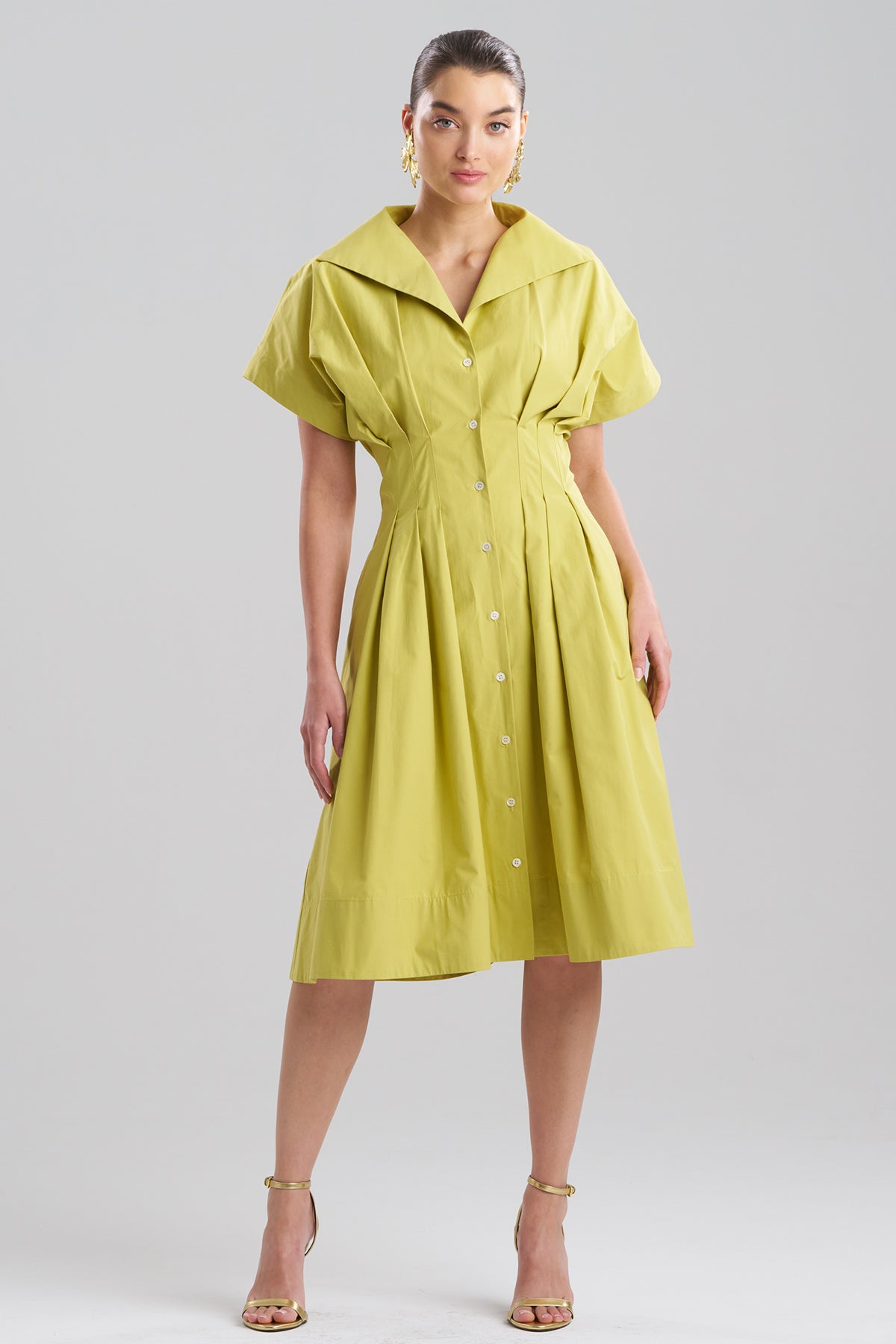 Natori Tech Cotton Taffeta Pleat Release Button Down Shirtdress
