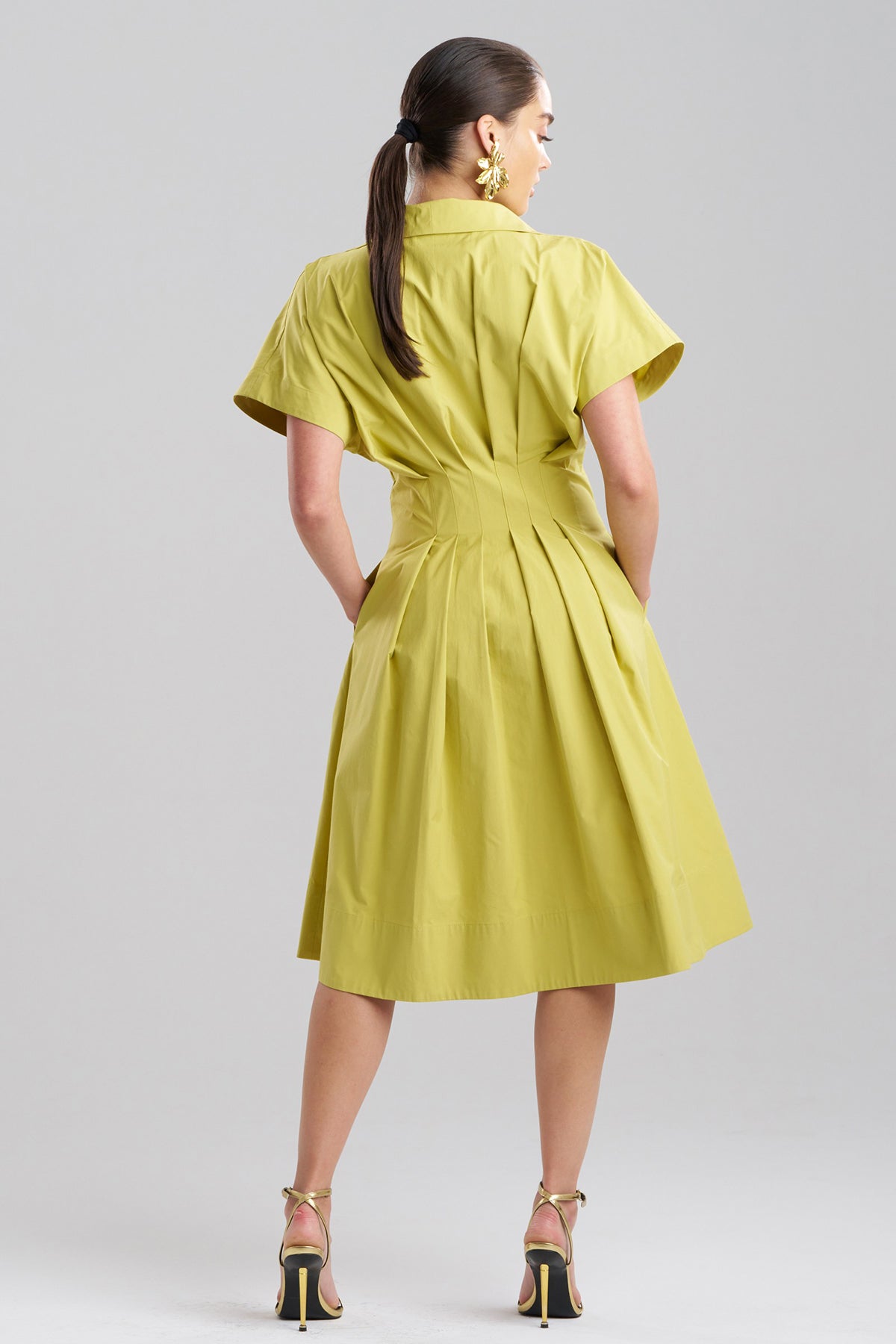 Natori Tech Cotton Taffeta Pleat Release Button Down Shirtdress