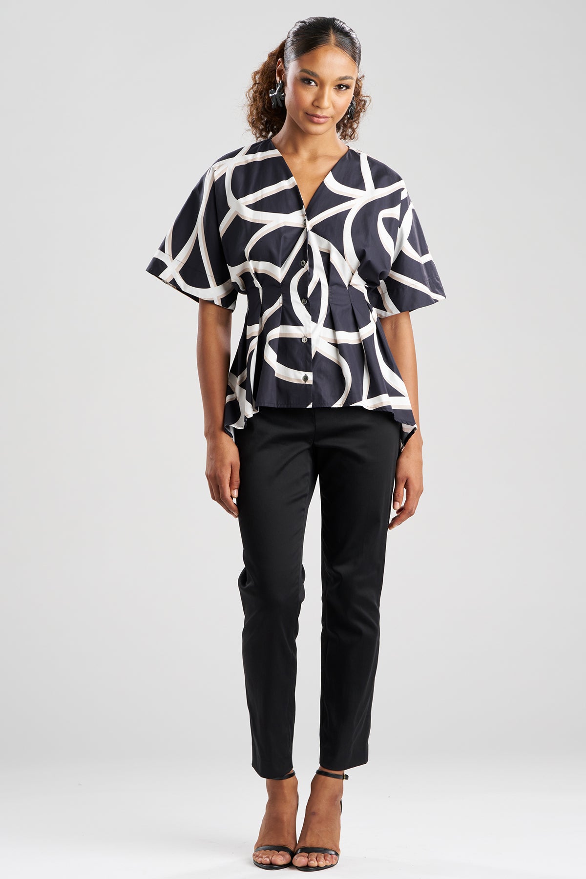 Natori Spiral Cotton Taffeta Short Sleeve Button Down Shirt