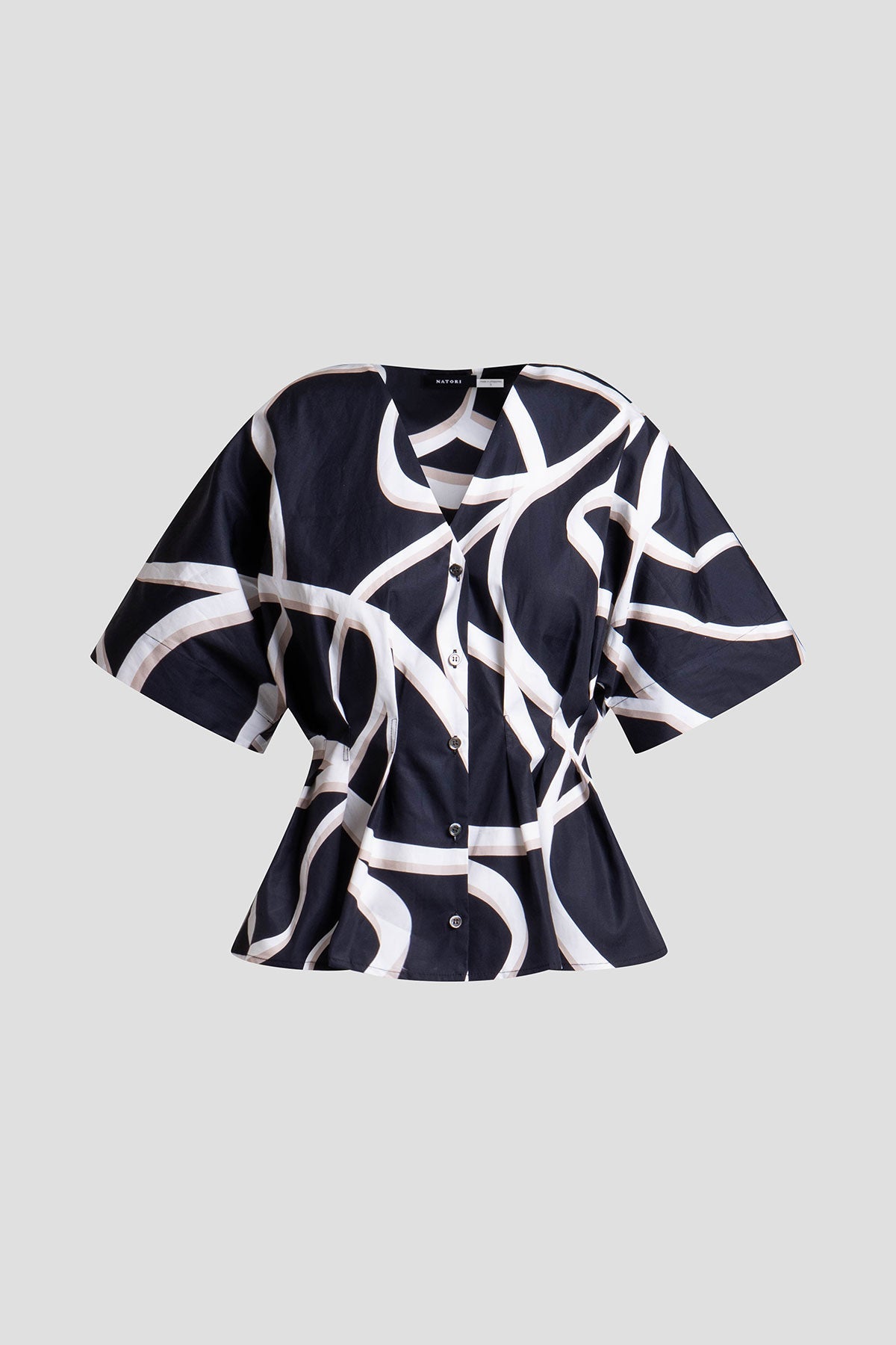 Natori Spiral Cotton Taffeta Short Sleeve Button Down Shirt