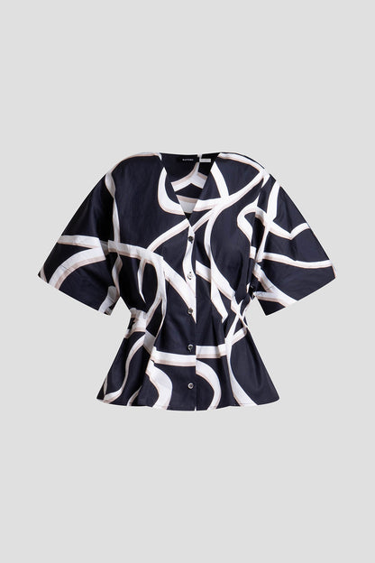 Natori Spiral Cotton Taffeta Short Sleeve Button Down Shirt