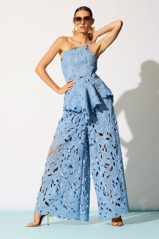 Natori Cutout Leaf Lace Asymmetric Halter Top