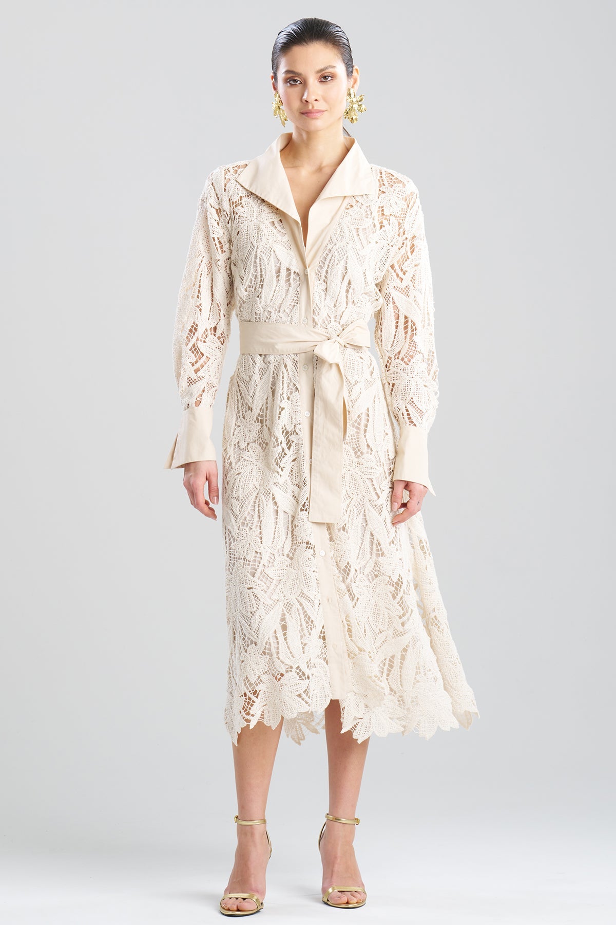 Natori Crochet Lace Cotton Oversized Button Down Shirtdress