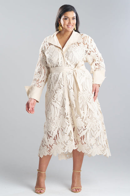 Natori Crochet Lace Cotton Oversized Button Down Shirtdress
