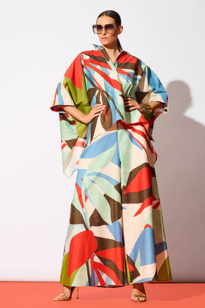 Natori Abstract Palm Cotton Poplin Oversized Caftan Top