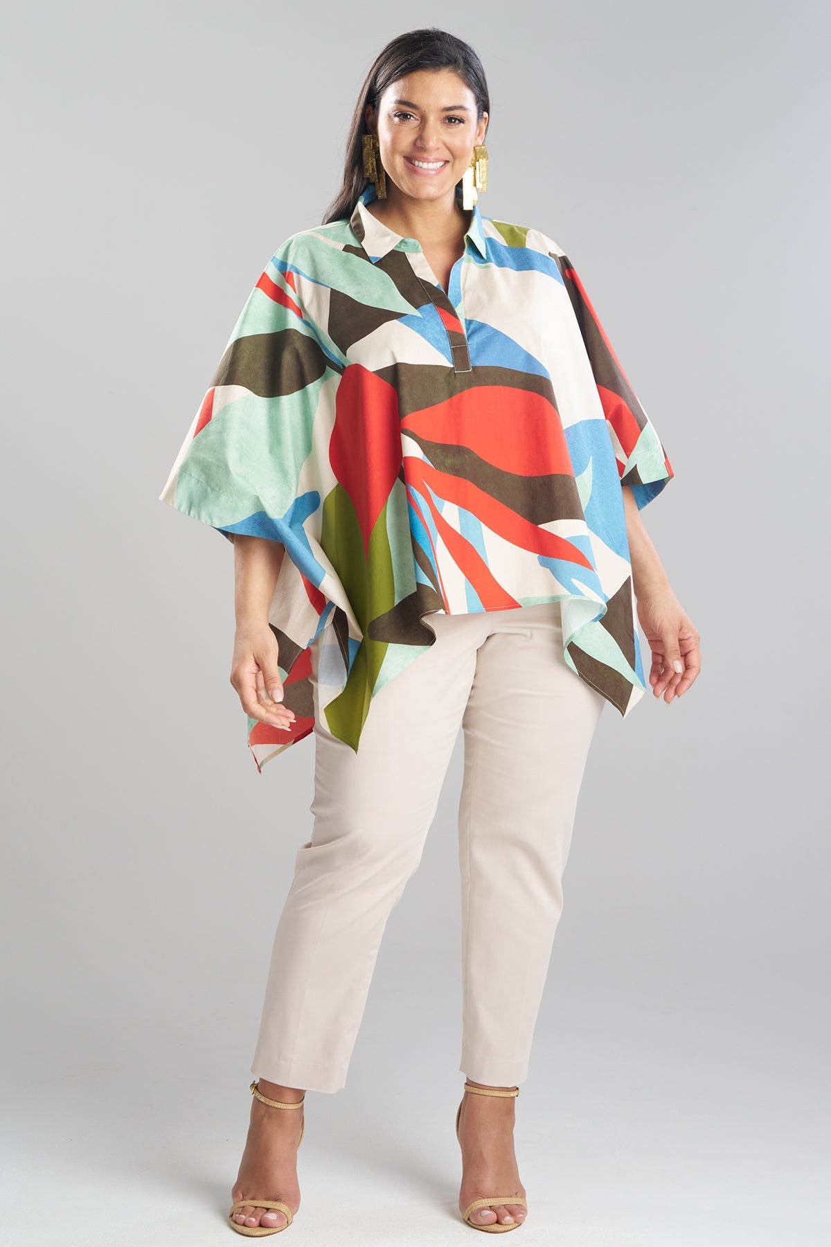 Natori Abstract Palm Cotton Poplin Oversized Caftan Top