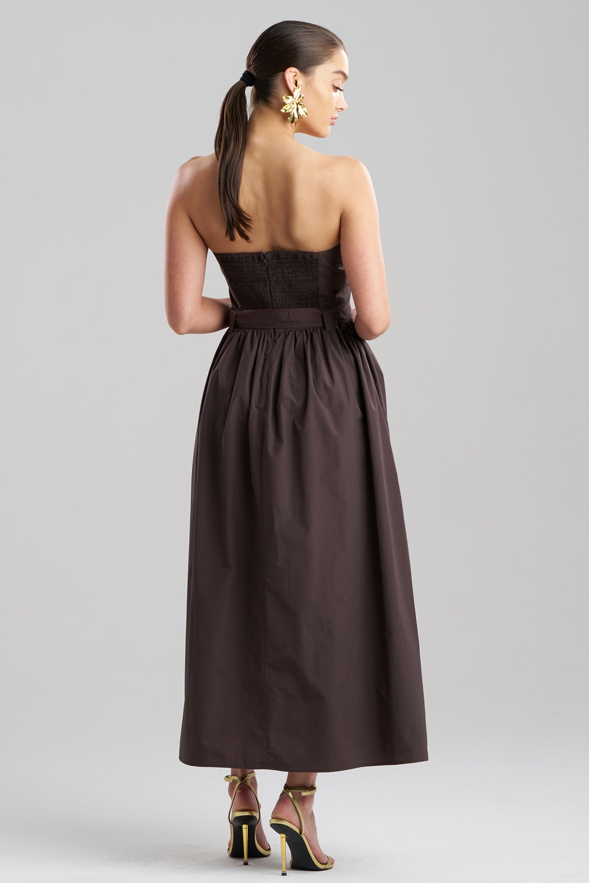 Natori Techno Poplin Embroidered Strapless Belted Dress