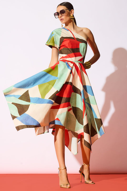 Natori Abstract Palm Cotton Poplin One Shoulder Dress