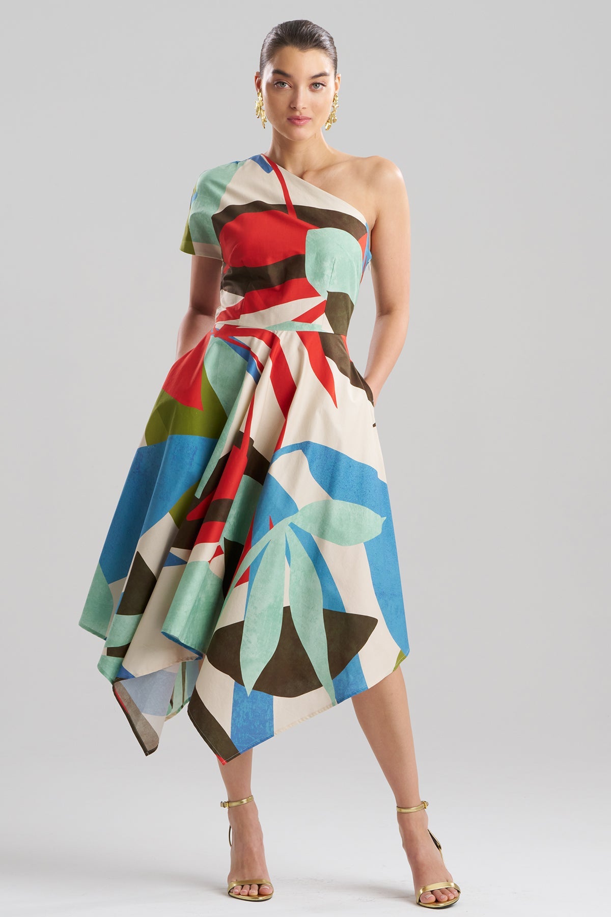 Natori Abstract Palm Cotton Poplin One Shoulder Dress