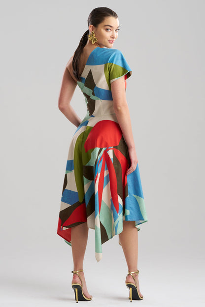 Natori Abstract Palm Cotton Poplin One Shoulder Dress
