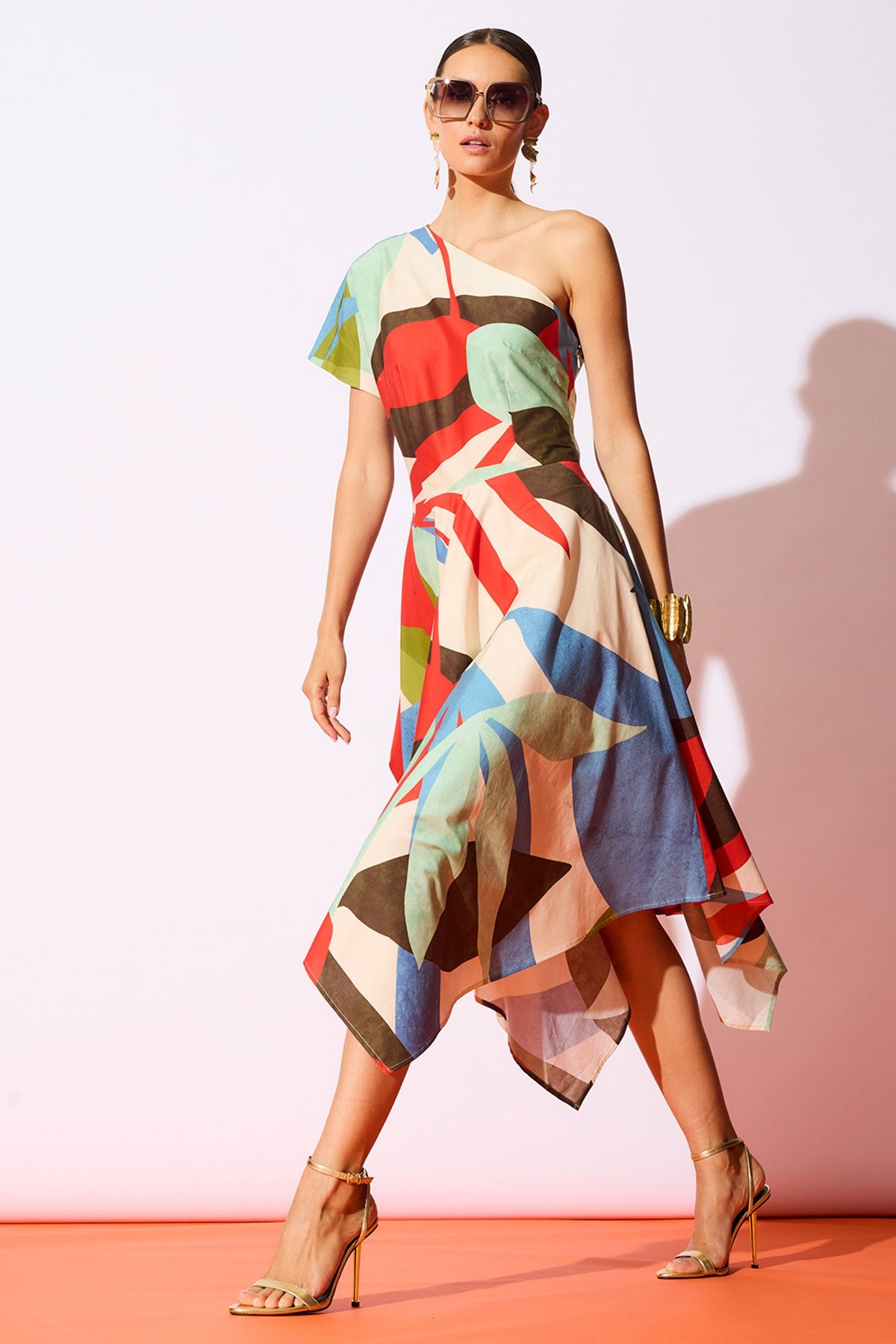 Natori Abstract Palm Cotton Poplin One Shoulder Dress