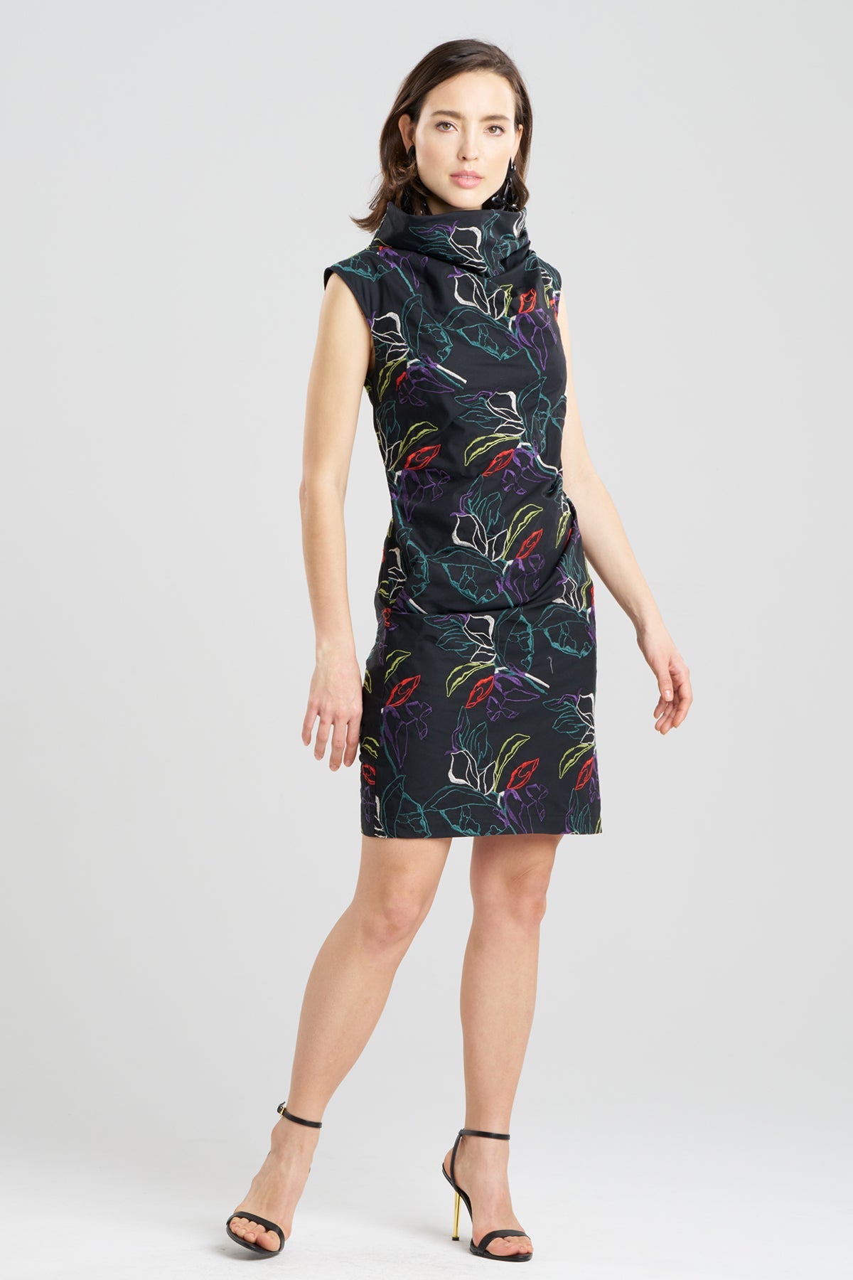 Natori Yoru Embroidered Cotton Poplin Asymmetric Funnel Neck Dress