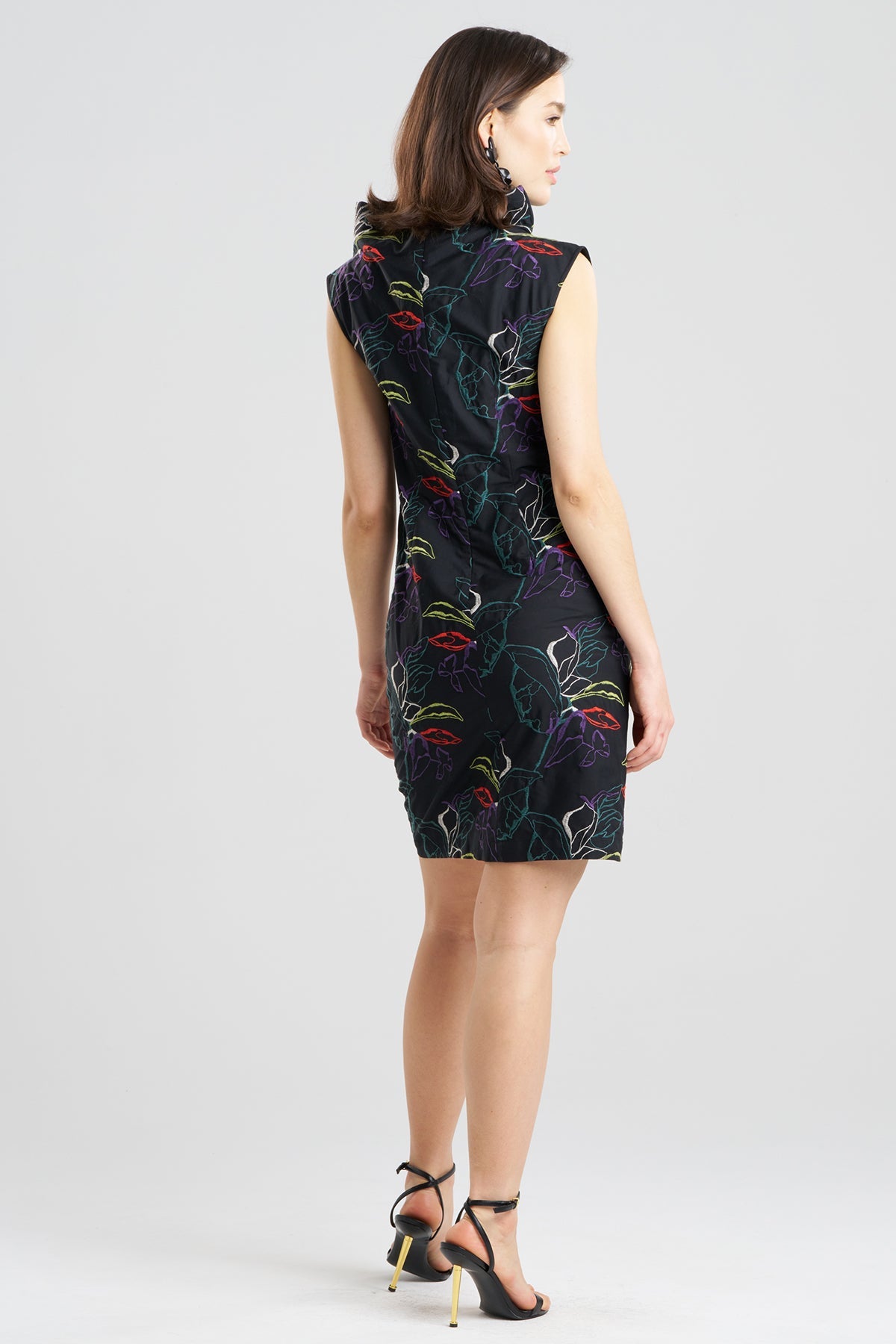 Natori Yoru Embroidered Cotton Poplin Asymmetric Funnel Neck Dress