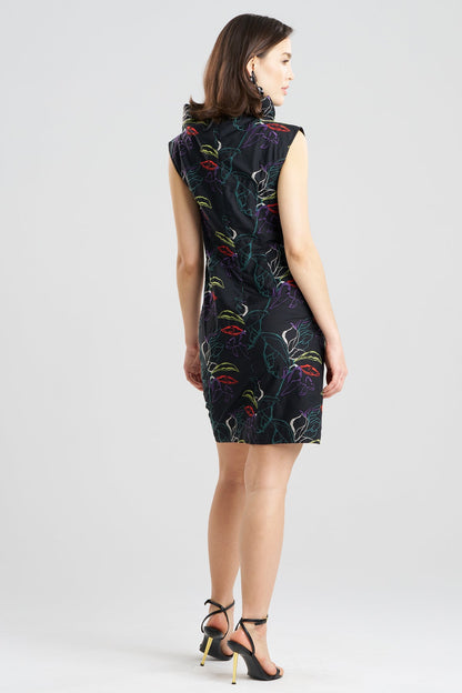 Natori Yoru Embroidered Cotton Poplin Asymmetric Funnel Neck Dress
